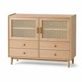 Sideboard aus Eichenholz mit Rattantüren und Messinggriffen