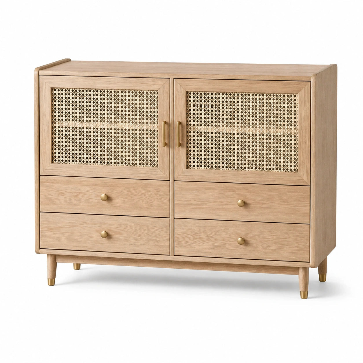 Sideboard aus Eichenholz mit Rattantüren und Messinggriffen