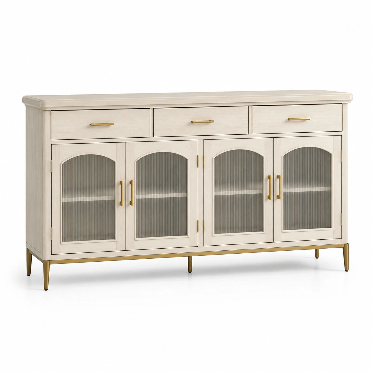 Buffetschrank aus Holz mit Glas- und Metallakzenten, Weiß, 150x40x85 cm