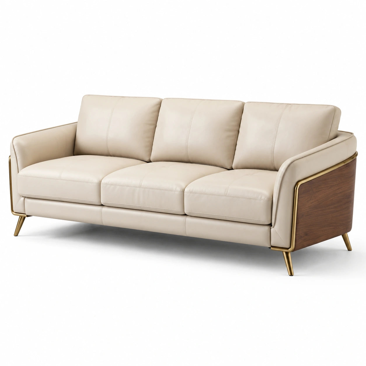 3-Sitzer Sofa aus PU-Leder mit Walnussholzrahmen und Stahlbeinen, Beige