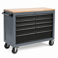 Stahl Werkzeugwagen mit Massivholzoberfläche, 10 Schubladen, Schwarz/Grau