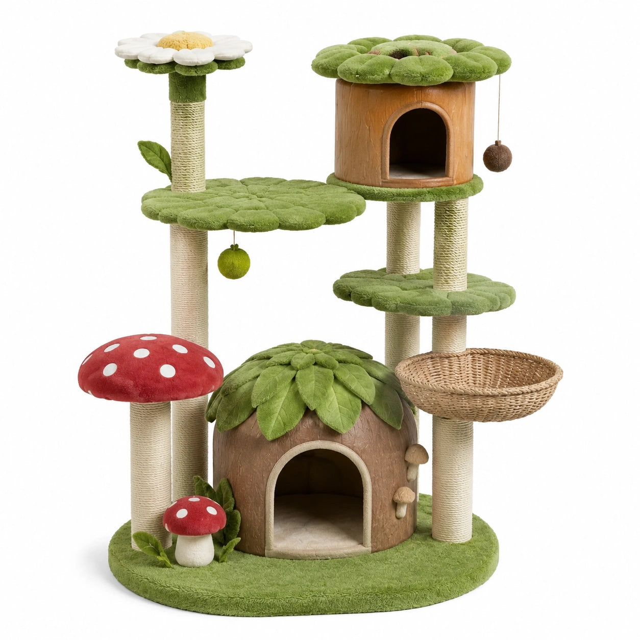 Katzenkratzbaum mit Blüten- und Pilzdesign aus Holz und Sisal, grün/rot, 120x75x60 cm