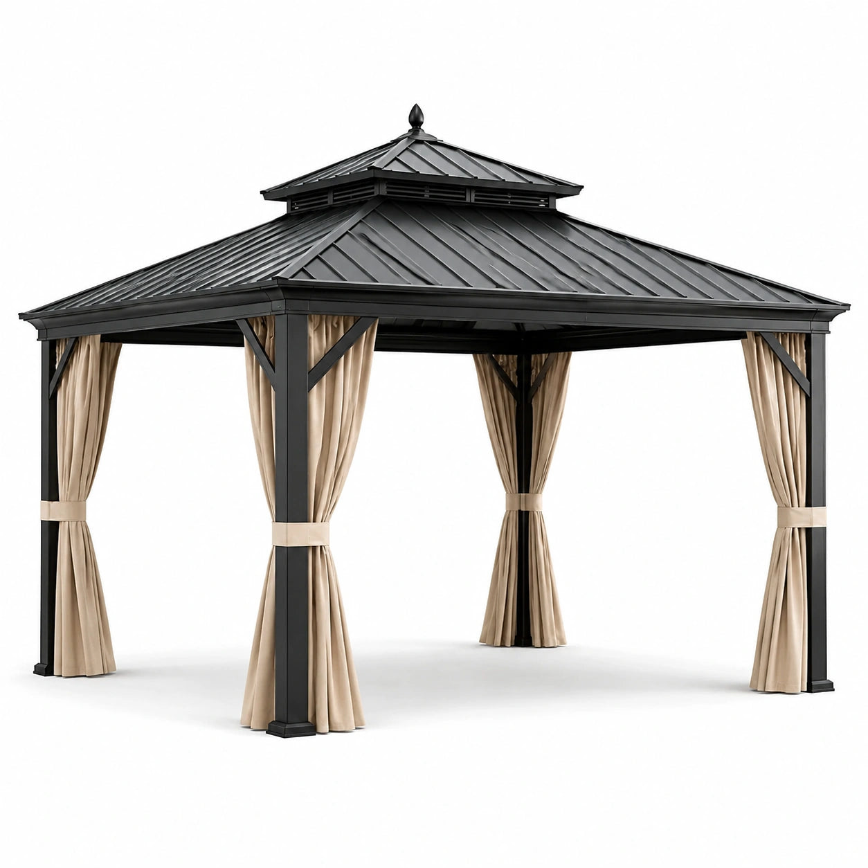 Metall Pavillon mit Vorhängen und Stahldach 300x400cm Schwarz/Beige