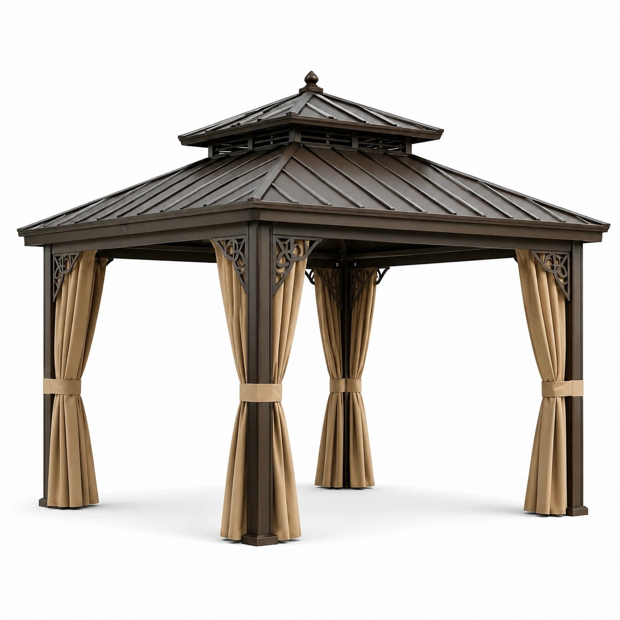 Metallpavillon mit Doppeldach Stahlrahmen Braun 3x3m Polyester Vorhänge