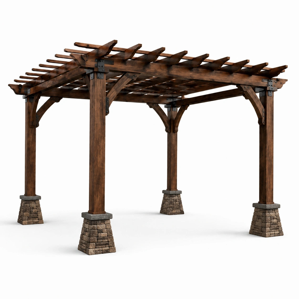 Holzpergola mit Stahlverbindungen und Steinbasis, 300x300x250 cm