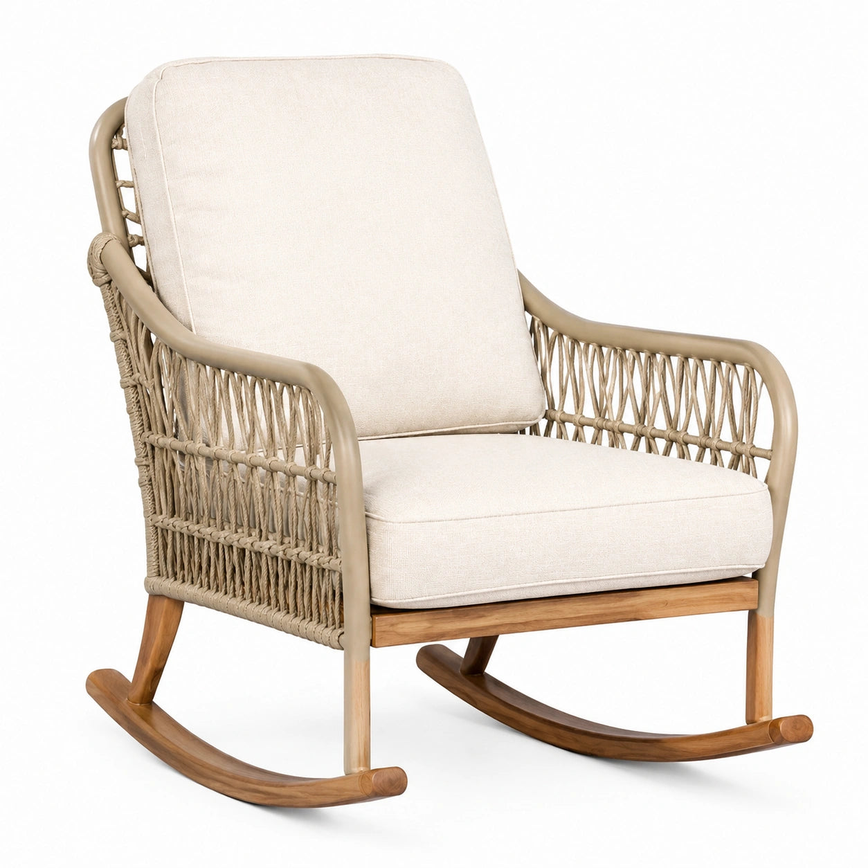 Schaukelstuhl Synthetisches Rattan Beige mit Polyestermischung und Teakholz