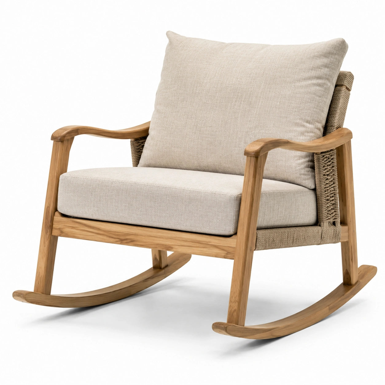 Teakholz-Schaukelstuhl mit Leinenpolster Beige