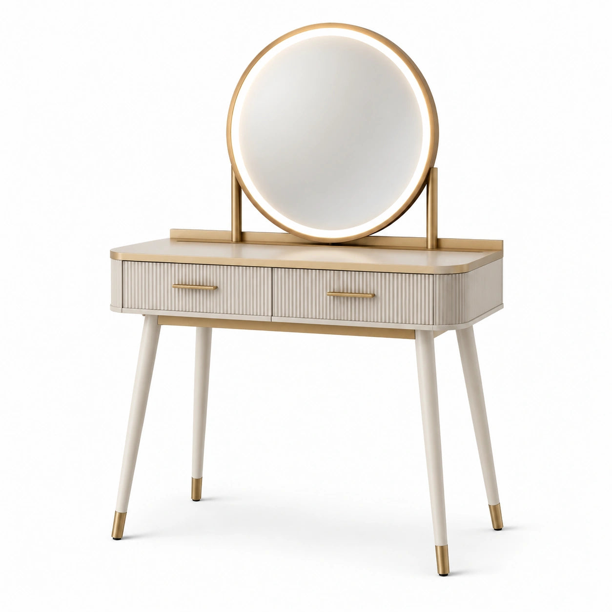 Frisiertisch aus MDF-Holz mit LED-Rundspiegel beige/gold