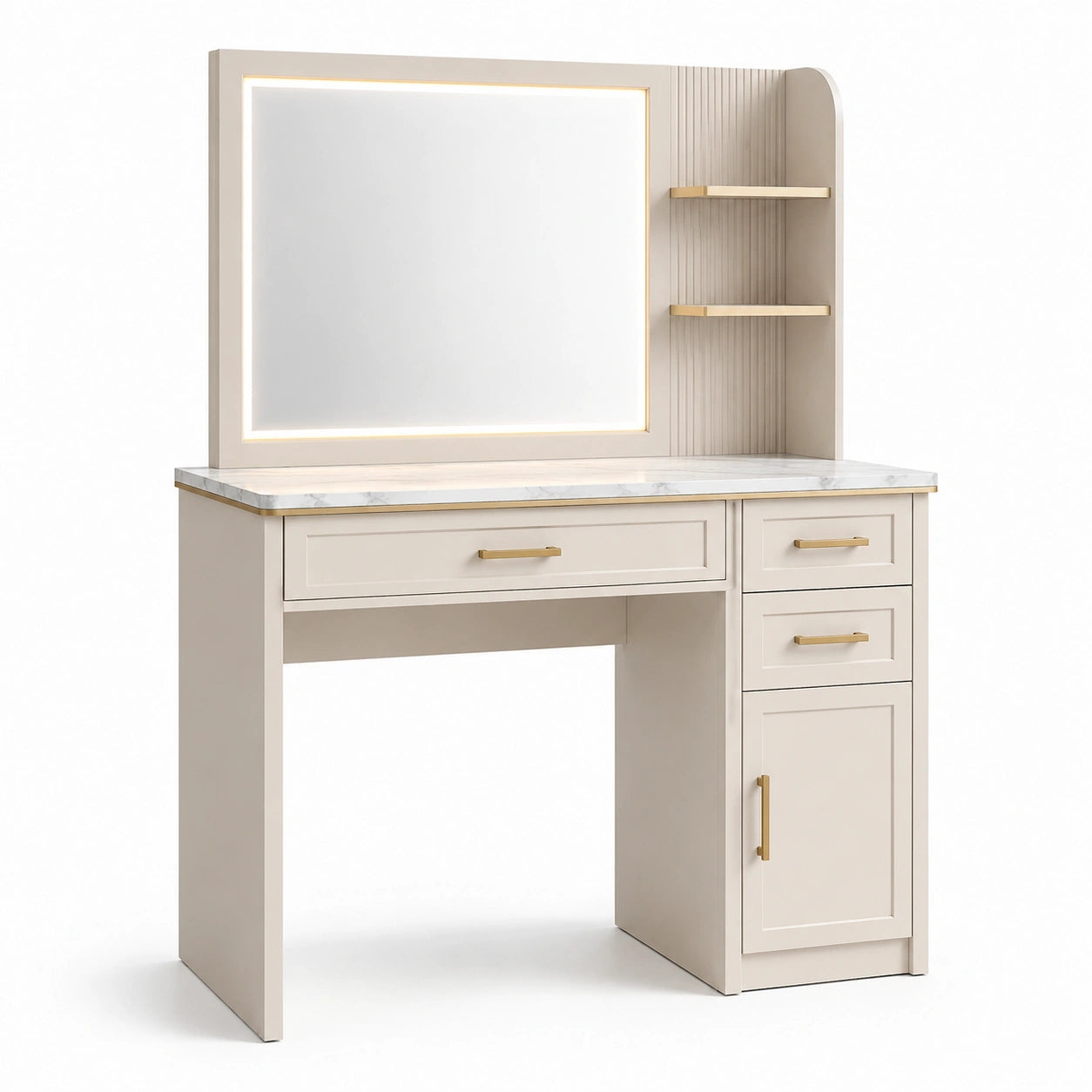 Schminktisch mit Spiegel und LED-Beleuchtung, Cremeweiß, MDF, Kunstmarmor