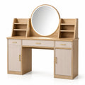 Schminktisch mit rundem Spiegel aus Eichenholz und MDF in Beige
