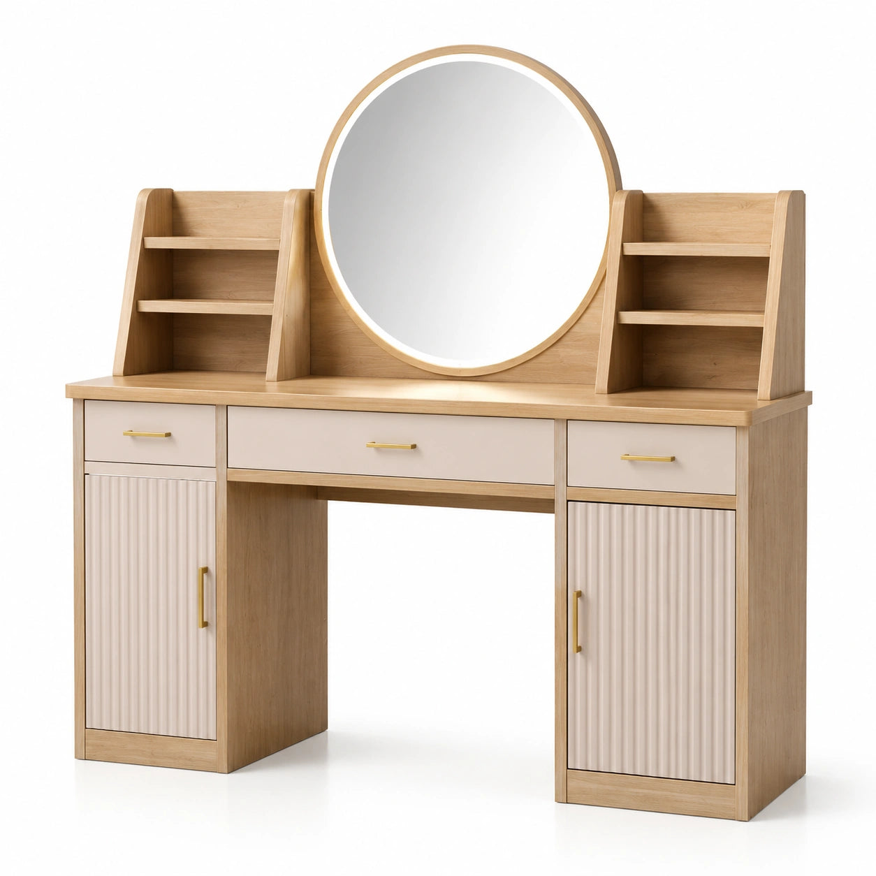 Schminktisch mit rundem Spiegel aus Eichenholz und MDF in Beige